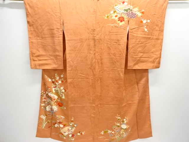 JAPANESE KIMONO / ANTIQUE KIMONO / SILK / EMBROIDERY / MON KINSHA / FLORAL PLANTS
